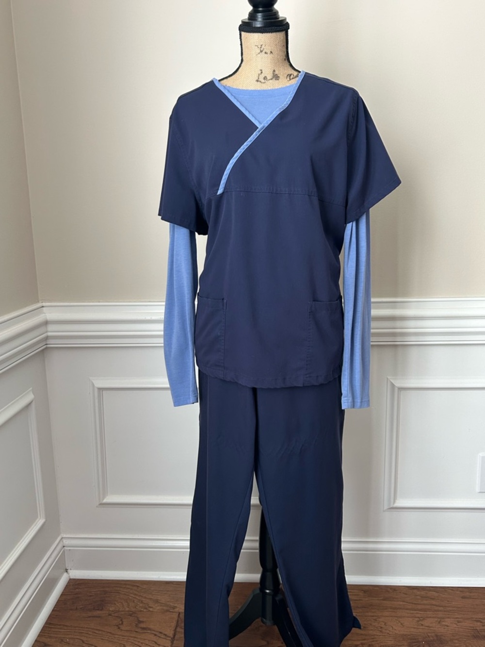 Urbane XL Navy with Periwinkle Blue Mock wrap scrub set